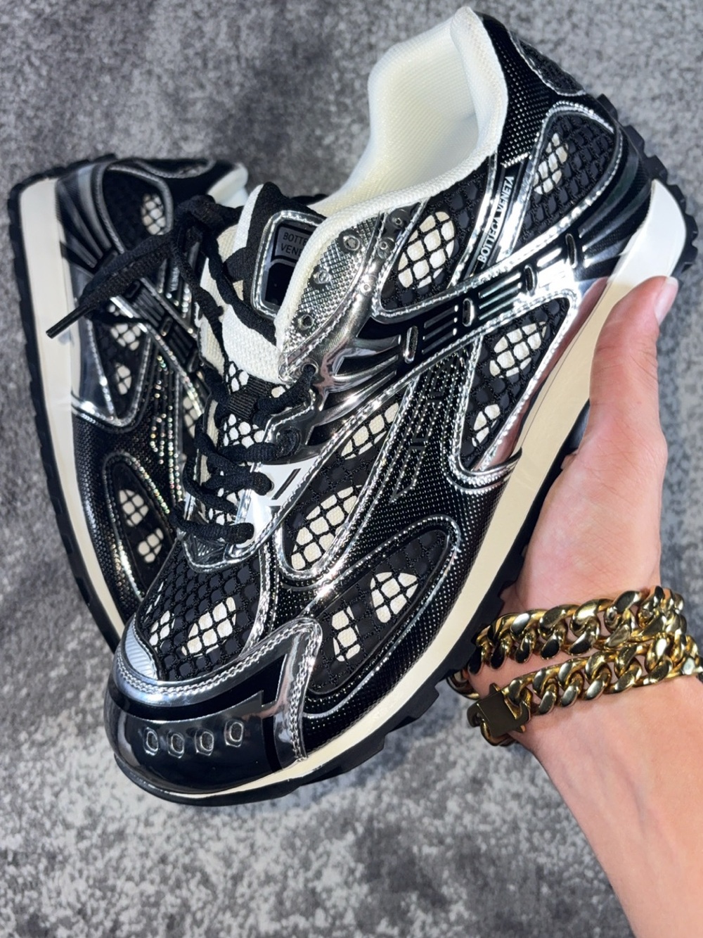 Bottega Veneta Black & Silver Mesh and Metallic Sneakers